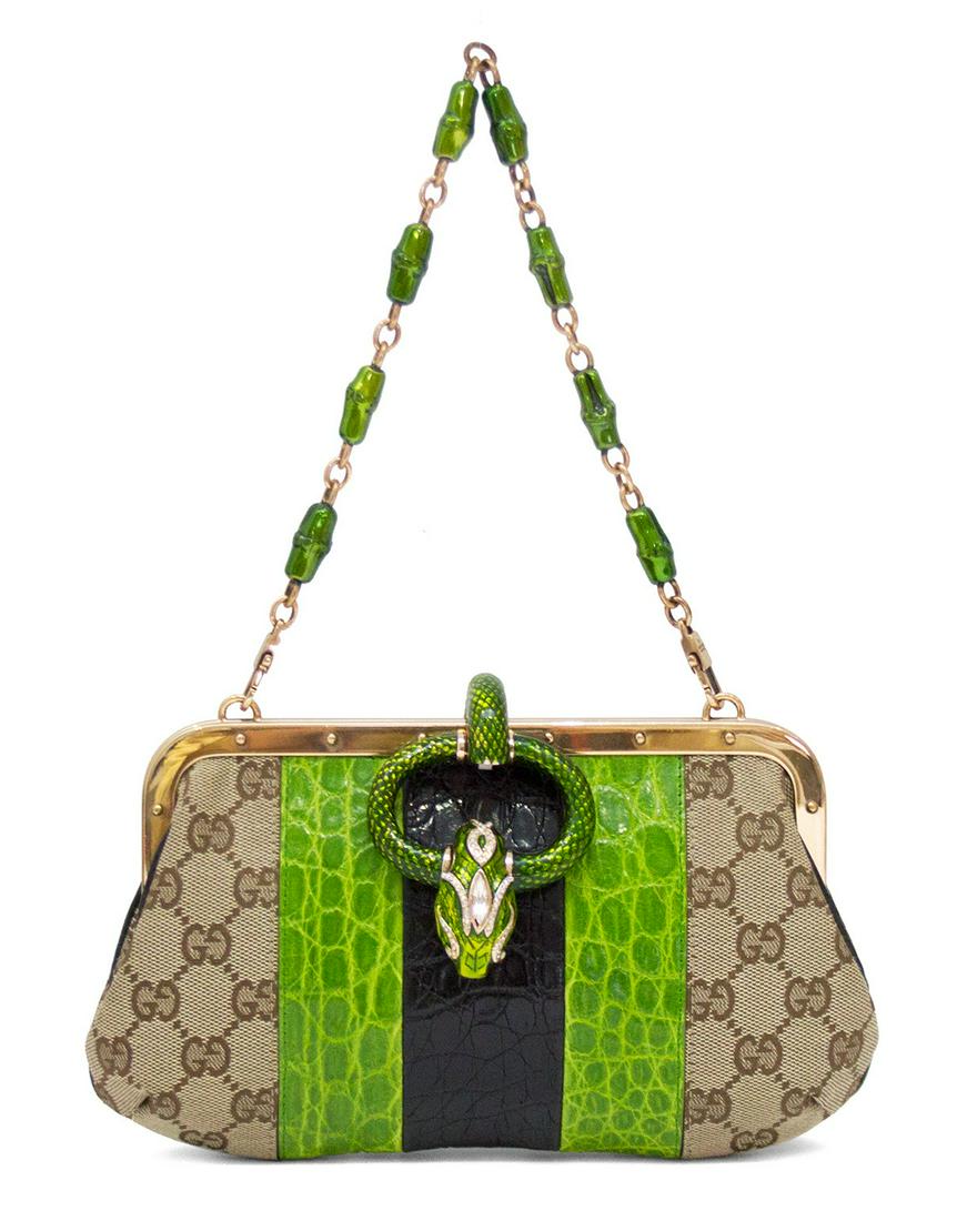 Gucci Spring/Summer 2003 Snake Head Embellished Dinner: Limited edition evening bag from the Gucci by Tom Ford Spring/Summer 2003 collection. Constructed of panels of the iconic Gucci monogram canvas with black and green crocodile. Rose gold tone hardware