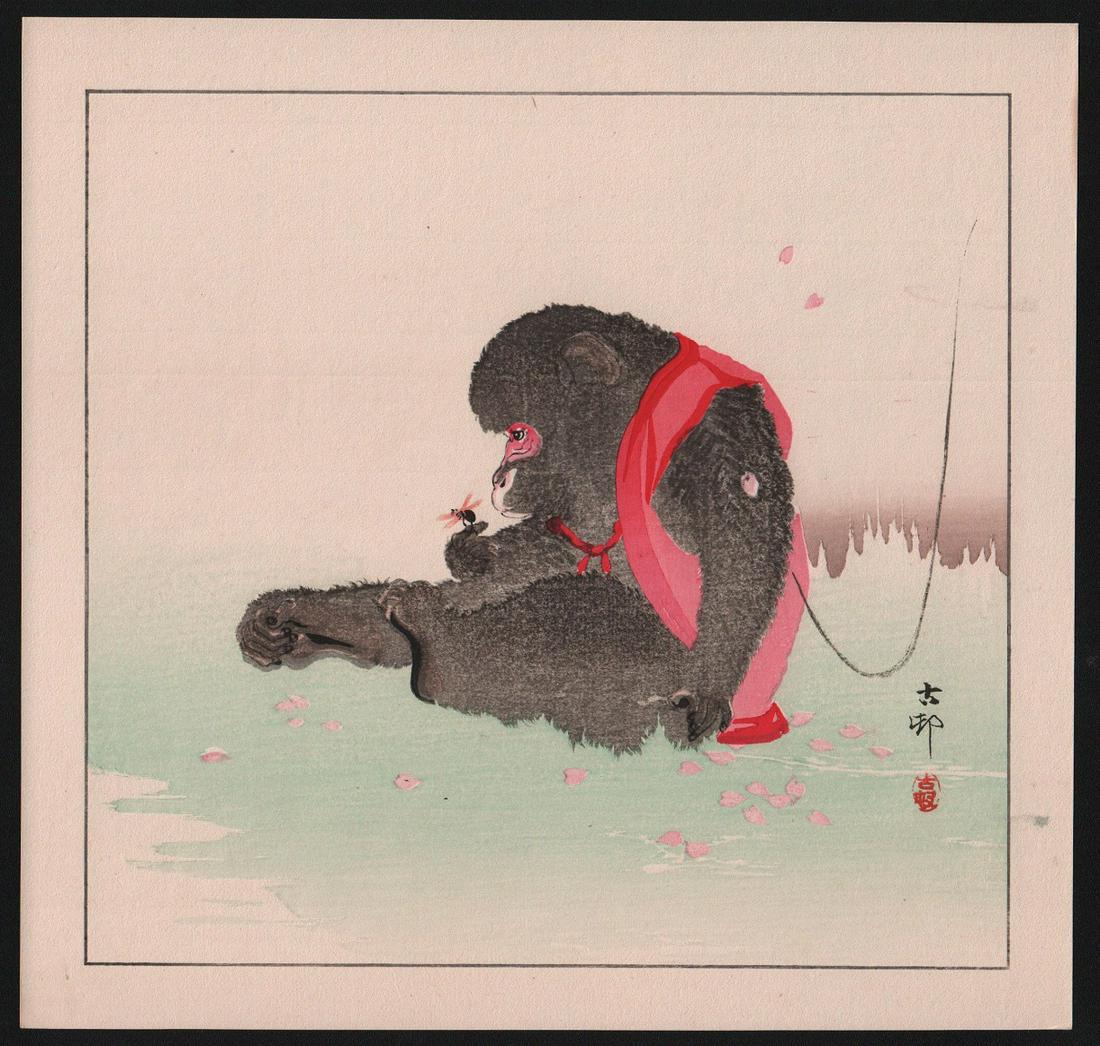 Ohara Koson: Seated Monkey gazes at insect on its: Artist: Ohara Koson. Subject: Seated Monkey gazes at insect on its hand.Publisher: Daikokuya. Date: c.1930's. Size: Measures: 11" x 11.25". Condition: Fine color, impression, condition. R Reserve: $50