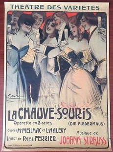 LA CHAUVE SOURIS - ORIGINAL 1904 FRENCH THEATRE LB: LA CHAUVE SOURIS - ORIGINAL 1904 FRENCH THEATRE LB POSTER - GEORGES DOLA ART! Original 1904 French Theatre Linen Backed Poster Measuring (22 1/4 x 31) Art by Goerges Dola. Poster has fold