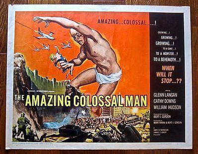 CUT $125! AMAZING COLOSSAL MAN '57 ROLLED 1/2 SH ~: Overall displays in Very Good Condition. Original Rolled and NEVER FOLDED (!) Half-Sheet for the classic 1958 sci-fi horror tale, THE AMAZING COLOSSAL MAN, displays light surface dings (mostly in