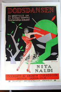 Dodsdansen - Art by Rohman (1927) 28" x 39" Swedish: Dodsdansen (Sweden, 1927) Dodsdansen aka Pratermizzi 28x39 inch Austrian film starring Rudolph Valentino's primary leading lady and Zeigfeld Girl, Nita Naldi in her last role. Art by Rohman 