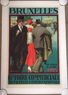 Bruxelles (1925) 25.5" x 38.5" Belgian World: BRUXELLES - ORIGINAL 1925 WORLD'S FAIR LB TRAVEL POSTER - RARE AMAZING ART! Original 1925 World's Fair Linenbacked Advertising poster (25 1/2" x 38 1/2") Cool Rilette artwork! Poster has fold line