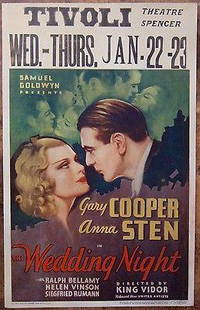 THE WEDDING NIGHT - ORIGINAL 1935 WINDOW CARD POSTER -: THE WEDDING NIGHT - ORIGINAL 1935 WINDOW CARD POSTER - KING VIDOR & GARY COOPER! Original 1935 U.S. Window Card Movie Advertising poster (14" x 22") Poster has some corner wear, creasing