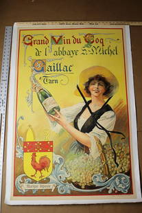 Grand Vin Du Coq (1910) 46" x 30" French Advertising: AKA Great Cock Wine Reserve: $675.75 Shipping:Domestic: Flat-rate of $22.00 to anywhere within the contiguous U.S.International: Foreign shipping rates are determined by destination.Combined