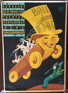 BALL DES ADAC - ORIGINAL 1920 GERMAN MOTORING CLUB: BALL DES ADAC - ORIGINAL 1920 GERMAN MOTORING CLUB COSTUME BALL POSTER - RARE! BALL DES ADAC - ORIGINAL 1920 GERMAN MOTORING CLUB COSTUME BALL POSTER - RARE! Original 1920 German Travel