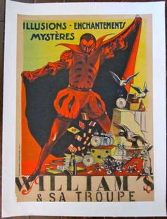 CUT 300!! WILLIAM'S & SA TROUPE 1910 FRENCH LB MAGIC: CUT 300!! WILLIAM'S & SA TROUPE 1910 FRENCH LB MAGIC POSTER- RARE MEPHISTOPHELES WILLIAM'S & SA TROUPE -ORIGINAL 1910 FRENCH LB MAGIC POSTER- RARE MEPHISTOPHELES Vintage 1910 Magic