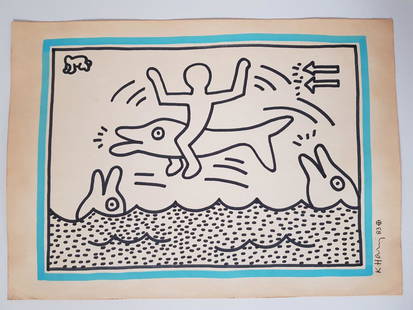 (after) Keith Haring Signed Drawing Marker on Paper: Title: (after) Keith Haring Signed Drawing Marker on PaperDescription: Original drawing marker on beige heavy paper attributed to Keith Haring.Pen hand signed K.Haring and dated 1983.Measures aprox