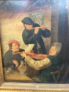 Musisians/onknown: Title: Musisians/onknownDescription: OIL PAINTINGOrigin: Date/Period: 1800Materials:OIL ON PANNEL Dimensions:30X33CM Reserve: $300.00 Shipping:Domestic: Flat-rate of $80.00 to anywhere within the