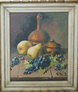 European school oil on canvas still life: STILL LIFE OIL ON CANVAS SIGNED LOWER RIGHT. VERY GOOD CONDITION AS SEEN ON PICTURES . FROM THE EAST HAMPTON ESTATE. SIZE 31 x 27 INCHES PAINTING. Reserve: $400.00 Shipping:Domestic: Flat-rate of