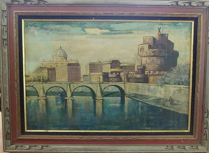 Italian school oil on canvas of Rome: Vintage, mid century OIL PAINTING OF THE ROM SCENE SIGNED"TORRO"UPPER LEFT VERY GOOD CONDITION AS SEEN ON PICTURES . FROM THE EAST HAMPTON ESTATE. FRAMED. SIZE 45 x 33 INCHES. Reserve: $550.00 