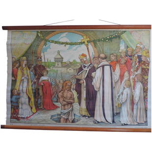The Baptism of Clovis, Belgian, Canvas, School Poster,: These posters, depicting milestones in European history, were painted by Edm Van Offel, and produced by Aug. Bossaerts, in the 1920's. Most of the sets were printed on paper, and have not survived.