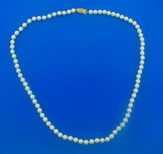 Mikimoto Cultured Essence Pearl Bead Strand and 14k: AK AT0 Mikimoto Cultured Essence Pearl Bead Strand and 14k Yellow Gold Necklace · Wonderful necklace that is a great addition to your collection. · Weight is 16.9 grams · Made of 14k Yellow