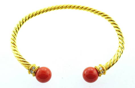 Vintage Bulgari 18k Yellow Gold Coral Bead Diamonds: AK UU00 Vintage Bulgari 18k Yellow Gold Coral Bead and Diamonds Braided Rope Bangle Cuff Bracelet · Wonderful bracelet that is a great addition to your collection. · Weight is 25.4 grams ·