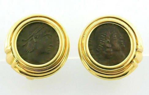 18k Yellow Gold Bvlgari Bulgari Coin Earrings: NS UNT0 Ancient Roman coin earrings from Bvlgari made of 18k yellow gold Stamped with the Bvlgari maker's marks, a coin description (Costanzo II 325-361 a.C.) and a hallmark for 18k gold 