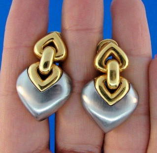 CUTESIE Bvlgari 18k Yellow Gold & Stainless Steel Heart: DK Bvlgari 18k Yellow Gold & Stainless Steel Heart Earrings · This is a must for a collector. The weight is 33.3 grams. The length is 1 ¼ inches. The width is 5/16 of an inch. · This is a