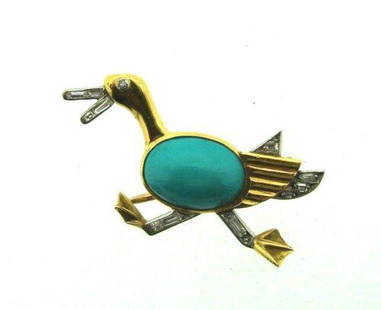 TAKE FLIGHT Marchak Paris 18k Yellow Gold, Plat,: DK Marchak Paris 18k “Yellow Gold, Platinum, Diamond & Turquoise Bird Pin! This wonderful item is one of a kind! The weight is 4.6 grams in total. The diamonds are baguettes and square cut.