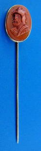 TIMELESS 14k Yellow Gold & Carved Carnelian Stick Pin: DK 14k Yellow Gold & Carved Carnelian Stick Pin · This is a must for any collector. · The weight is 3.7 grams. The length is 3 inches. The width of coral is 3/8 of an inch. · This is a