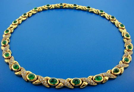 GROOVY French 18k Yellow Gold, Diamond & Cabochon: DK French 18k Yellow Gold, Cabochon Emerald & Diamond Necklace Circa 1970s · This is a must for any collector. · The weight is 68.8 grams. The length is 16 inches. The width is 5/16 of an inch.