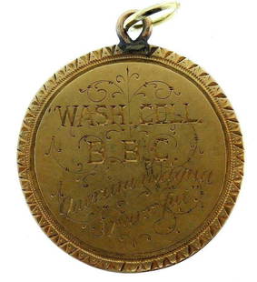 Victorian 14k Yellow Gold Engraved Circle Pendant: NS U00 Victorian (circa 1894) 14k yellow gold engraved circle pendant Front side writing: WASH.COLL. B.B.C. Quorum magna pars fui" Back side: From James A. Pearce to Alva B. Burris. June 19" 1894 