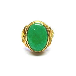 22k GOLD NATURAL JADE VINTAGE HAND MADE RING, c. 1980: NS R00 A unique hand made vintage ring, made of 22 karats yellow gold, features a very translucent natural jade cabochon, oval shape. Circa 1980. No certificate, but it could be obtained with