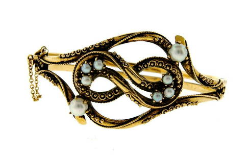 CHIC 14k Yellow Gold & Natural Pearl Bangle! Victorian!: DK Victorian 14k Yellow Gold & Pearl Bangle! This unique and wonderful bangle is one of a kind! The weight is 45 grams. It is Victorian. The pearls are natural. The height is 1 ½ inches. The