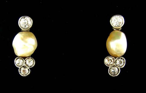 RARE 14k Yellow Gold, Silver, Natural Pearl & Diamond: DK Silver, 14k Yellow Gold, Natural Pearl & Diamond Earrings Circa 1900s! This wonderful item is one of a kind! The weight is 9.9 grams in total. The pearls are Fresh salt water. The diamonds