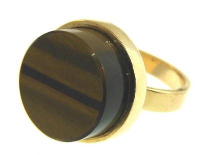 Vintage South African 9k Yellow Rose Gold Tiger’s Eye: AK A00 South African 9k Yellow Gold Tiger’s Eye 1970s Funky Modernist Ring · Wonderful ring that is a great addition to your collection. · Weight is 10.6 grams · Made of 9k Yellow (has a