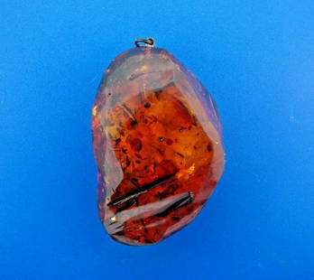 STUNNING Amber Pendant: DK Amber Pendant · This is a must for any collector. · The weight is 23.2 grams. · The height with bail is 2 3/8 inches. The length is 1 3/8 inches. The width is 7/8 of an inch. Reserve: