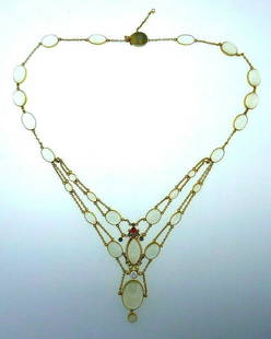 ANTIQUE 18k Yellow Gold, Moonstone, Diamond, Sapphire &: Victorian 18k Yellow Gold, Moonstone, Diamond, Sapphire & Ruby Necklace Circa 1900s DK · This is a must for a collector. The weight is 32 grams. The length is 17 inches. The length of largest