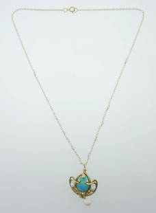 ANTIQUE 14k YEllow Gold Natural Pearl & Turquoise: DK 14k Yellow Gold, Natural Pearl & Turquoise Necklace Antique · This is a must for a collector. The weight is 6.4 grams. The length of the china is 16 inches. The length of the pendant with bail
