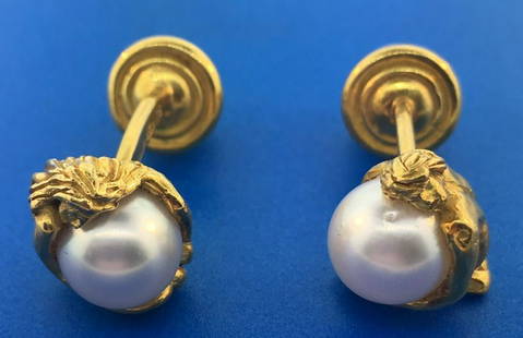Stunning Art Nouveau Nude Cufflinks with 18k Yellow: SJ-I00 18K Yellow Gold Art Nouveau Cufflinks of Nude Women Cradling Pearls · Gorgeous Art Nouveau Cufflinks! Would make a beautiful gift or a stunning accent to any outfit and occasion! · Weight
