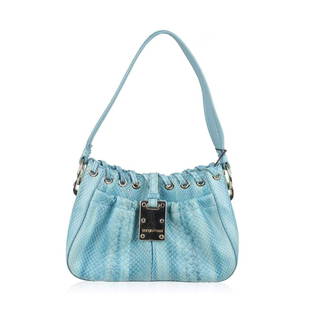 Sergio Rossi Snakeskin Shoulder Bag: In short - Sergio Rossi - Made in Italy - Blue snakeskin - Light gold hardware - Stitching detail on top - Magnetic button closure on top - Front Pocket with magnetic button closure - Fabric lining -