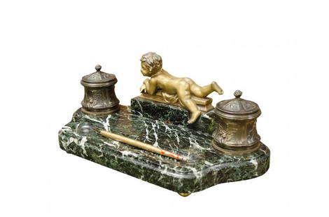Antique French inkset: Title: Antique French inksetMaker: Antique French inksetOrigin: FranceDate/Period: 1860Materials:Bronze and marbleDimensions:Width (cm)40Depth (cm)19Height (cm)16Description:A unique and complete