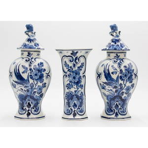 Antique Dutch Delft Faience Birds Floral Vases - Set of