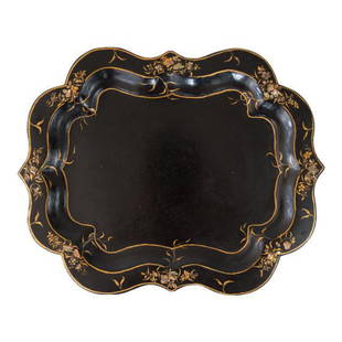 Antique 19th-Century English Papier Mache Mother of: A superb quality 19th-Century English hand made papier mache serving tray. This lovely black ebonized tray is accented with a hand painted gilt border and mother of pearl inlaid floral designs. It