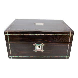 19th-Century English Coromandel & Mother of Pearl Box,: A superb antique English coromandel box with working lock and key, circa 1860. This fine quality box is made of coromandel, a rare kind of ebony wood from Madagascar, highly sought after! It has
