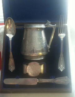 Gorham/Whiting Coin Silver Baby/Youth Set in Original: Coin Silver Baby/Youth SetThis is a great American coin silver baby or youth set in it original fitted walnut wood box that is blue velvet and satin lined. The set is original to itself as all pieces