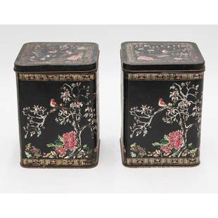 Antique French Hand Painted Tole Tea Canisters - a Pair: A lovely pair of 19th-Century French chinoiserie tole tea tins. These stylish tea tins are hand painted with finely detailed birds and floral designs. They would be perfect on a bookcase or as