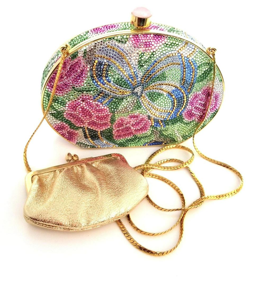 Judith Leiber Crystal Embellished Minaudiere Cross Body: Judith Leiber Swarovski Crystal Green Floral Minaudiere Evening Bag with Chain A beautiful Judith Leiber collectible bag depicting a large bow with pink roses. The bag includes multicolor crystal embe