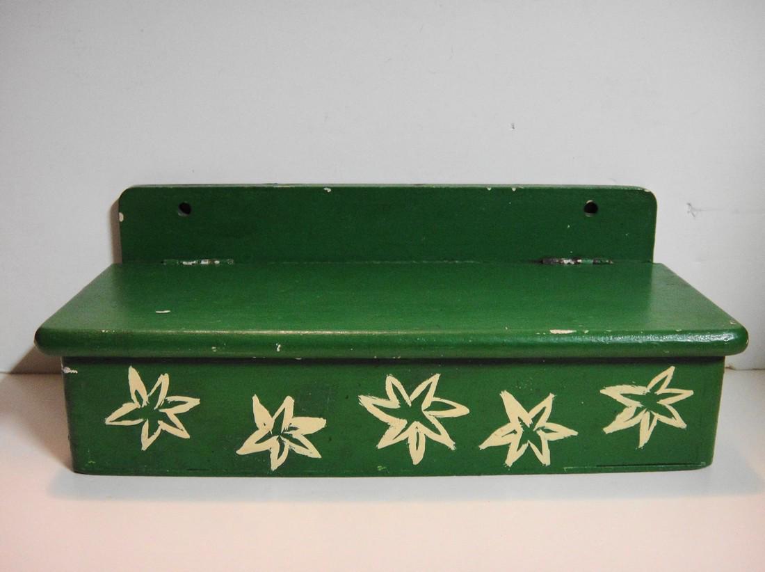 1950s Kitchen Wall Mounted Box: Title: 1950s Kitchen Wall Mounted Box Description: Beautiful medium green box with abstract flowers, originally for wallk mounting. Maybe to hold small knives, candles, or who knows? Held photos i