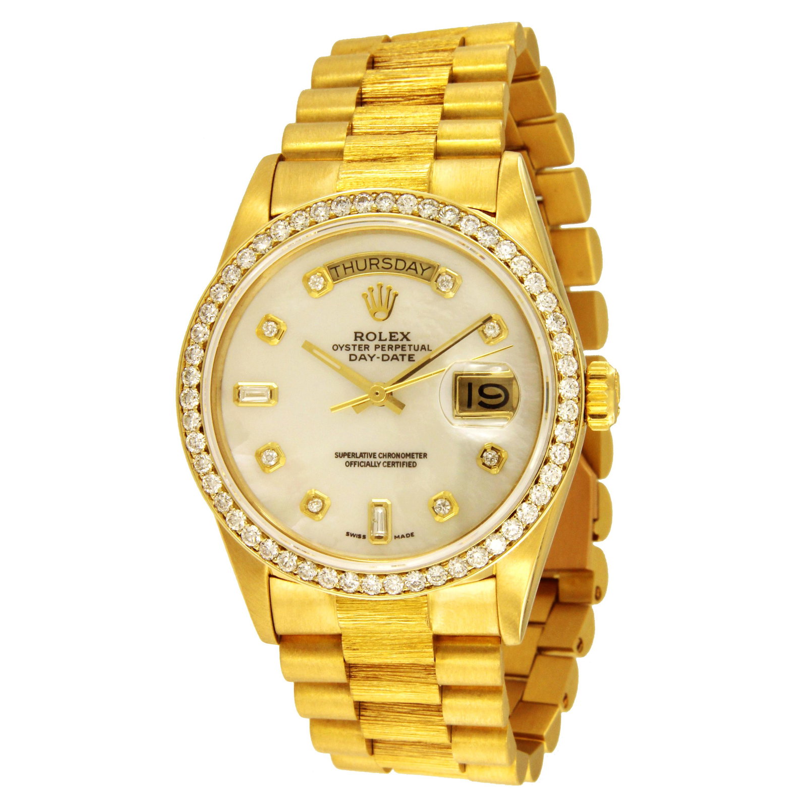 Rolex Day Date President Bark Link Bracelet Aftermarket: Movement: Swiss Automatic Case Material: Solid 18k Yellow Gold Case Size: 36mm Bezel: Custom Aftermarket Diamond Bezel VS G 2.0ct. Dial: Mother of Pearl Diamond Dial Bracelet: Solid 18k Yellow Gold Pr