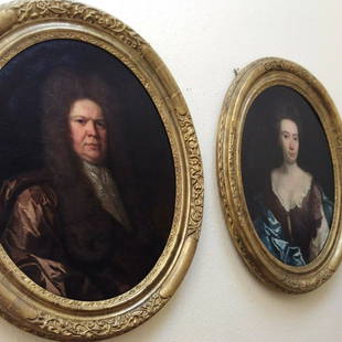 Portraits of Sir William Cowper and Lady Sarah: Fine pair of oval Portraits of Sir William Cowper [1639-1706] and his wife Lady Sarah Cowper, nee Holled [1644-1720]-Circle of Michael Dahl both bust-length, he with a long dark wig, and wearing a