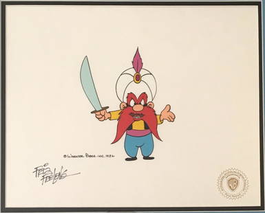 Friz Feleng: Yosemite Sam: Artist: Friz FelengTitle: Yosemite SamMedium: Original production celDimensions: Signed in marker with Warner Bros, Inc copyright and seal 1982, likely from the portfolio "1001 Rabbit Tales" 