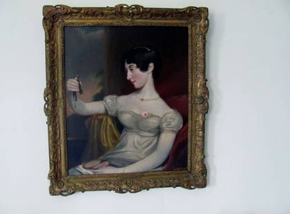 portrait of a lady George Henry Harlow (after): Portrait of an aristocratic lady holding a portrait miniature Oil on canvas, George Henry Harlow (after). Housed in a gilt frame. The size overall being 90.5 cm x 80 cm (35¾ x 31.½ inches approx) wh