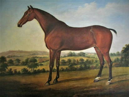 Horse in landscape Style of George Stubbs 18th century: Fantastic study of a Hunter in an elegant landscape with a country house in the distance, circle of the renowned equine painter Style of George Stubbs. Oil on canvas, the Painting dates from circa