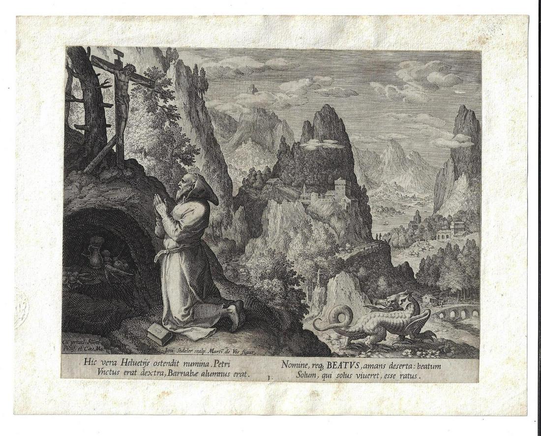 1600 Sadeler Engraving of Peter Dragon: Engraving of Raphael Sadeler (1560-1632) and Maarten de Vos (1532-1603) of Peter with a dragon in the background, 1600, from "Oraculum Anachoreticum". Mounted to paper, Fine, the engraving measures 8.