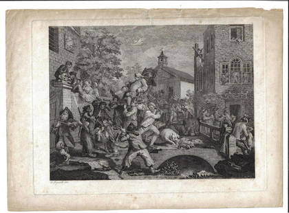 c1820 Hogarth Engraving Riepenhausen and another: An engraving after William Hogarth by Ernst Ludwig Riepenhausen circa 1820 with wear to top margin oncluding two short tears, measures 15 x 11", accompanied by a late 19th century engraving after