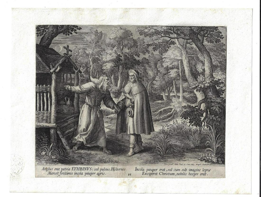 1600 Sadeler Engraving of Hermit Ethbinus: Engraving of Raphael Sadeler (1560-1632) and Maarten de Vos (1532-1603) of the Hermit Ethbinus, printed circa 1600, from "Oraculum Anachoreticum". Mounted to paper, Fine, the engraving measures 8.25 x