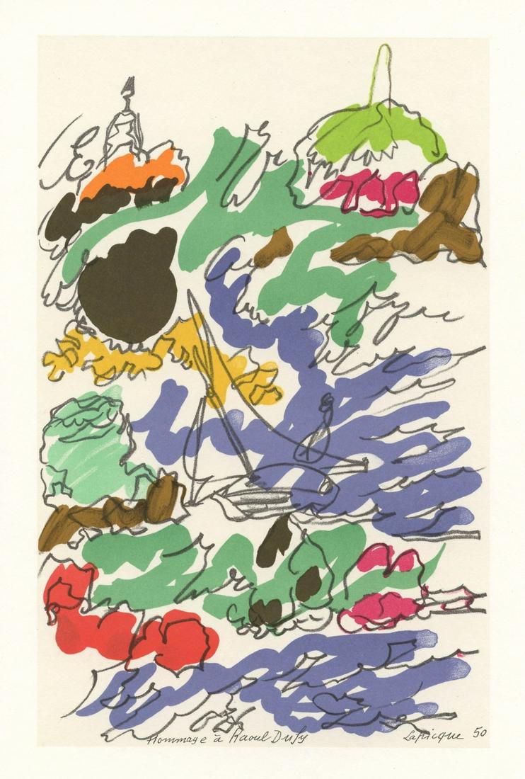 Charles Lapicque lithograph "Homage to Dufy": Medium: lithograph (after the watercolor). Charles Lapicque was one of the artists who contributed compositions to Marcelle Oury's "Lettre à mon peintre" in homage to Raoul Dufy. This lithograph was