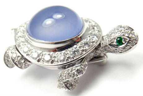 Cartier Turtle 18k White Gold Diamond Chalcedony Pin: Rare! Authentic! Cartier Turtle 18k White Gold Diamond Chalcedony Pin Brooch Certificate And Box You are bidding on a Rare Authentic Cartier Turtle 18k White Gold Diamond Chalcedony Pin Brooch. This